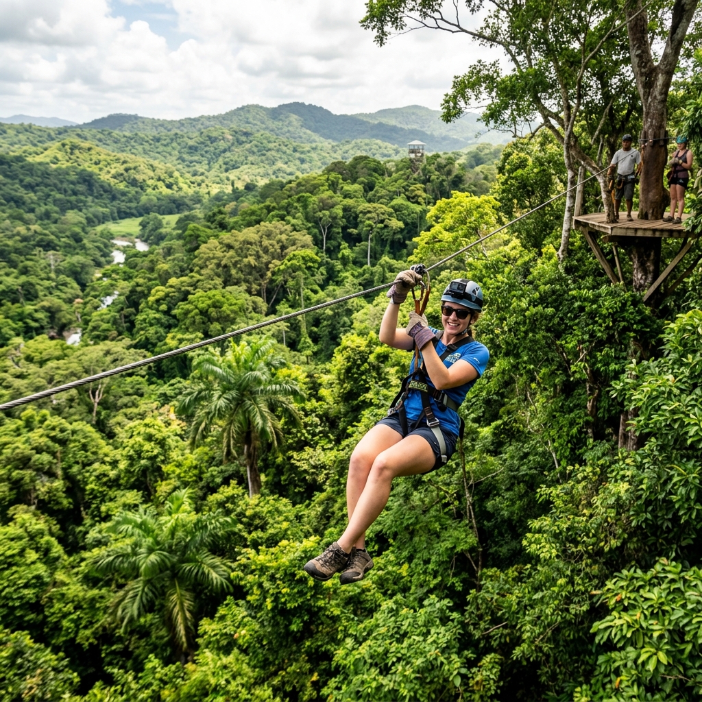 Zip lining over Belize jungle canopy